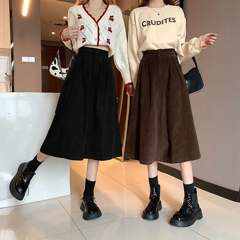 

2023 Spring New Women's Midi Skirt Korean Fashion High-waisted Corduroy Skirts Female Brown Long A Line Skirts Woman