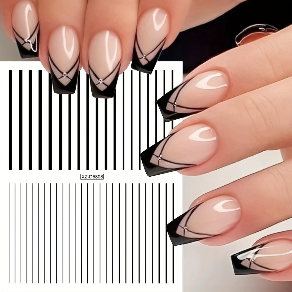12-piece self-adhesive glossy black and white stickers - 3D stripes and geometric patterns, easy-to-apply DIY nail stickers, - 4