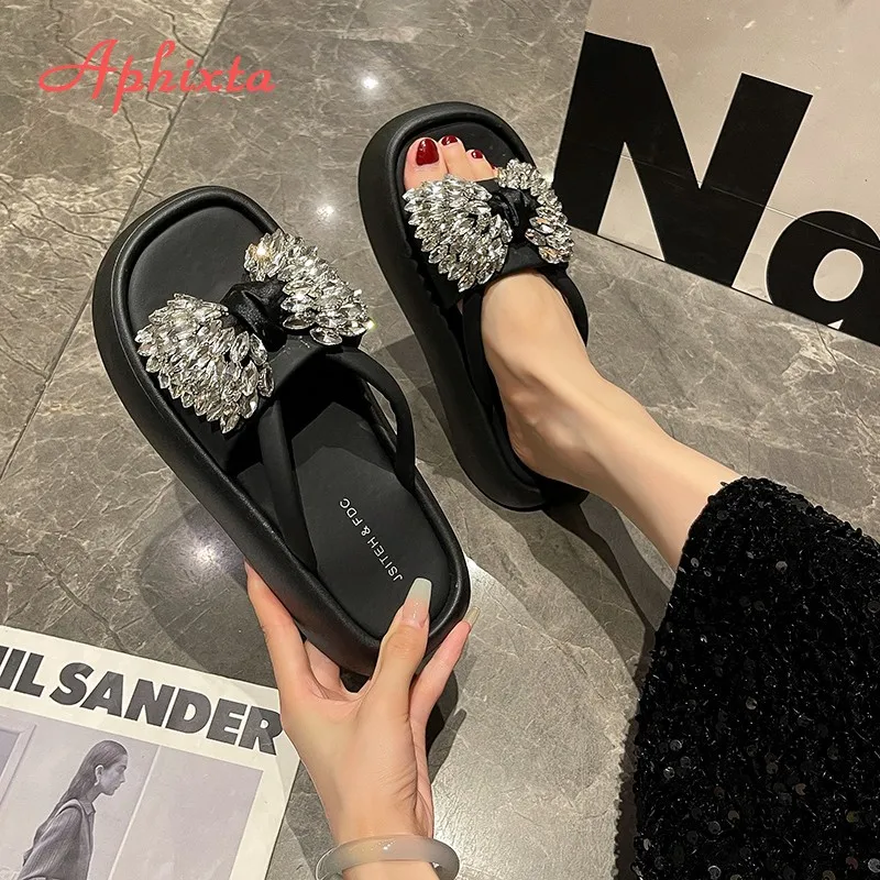 Aphixta New Women's Crystal Wedge Sandals Slip-On Platform Shoes with Thick Heel Summer Slides Casual Comfortable Beach Shoes