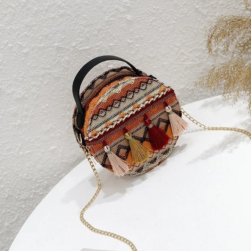 New Korean Versatile Crossbody Bag Chic Harajuku Ethnic Style Round Bag Chain Striped Girl's Small Body