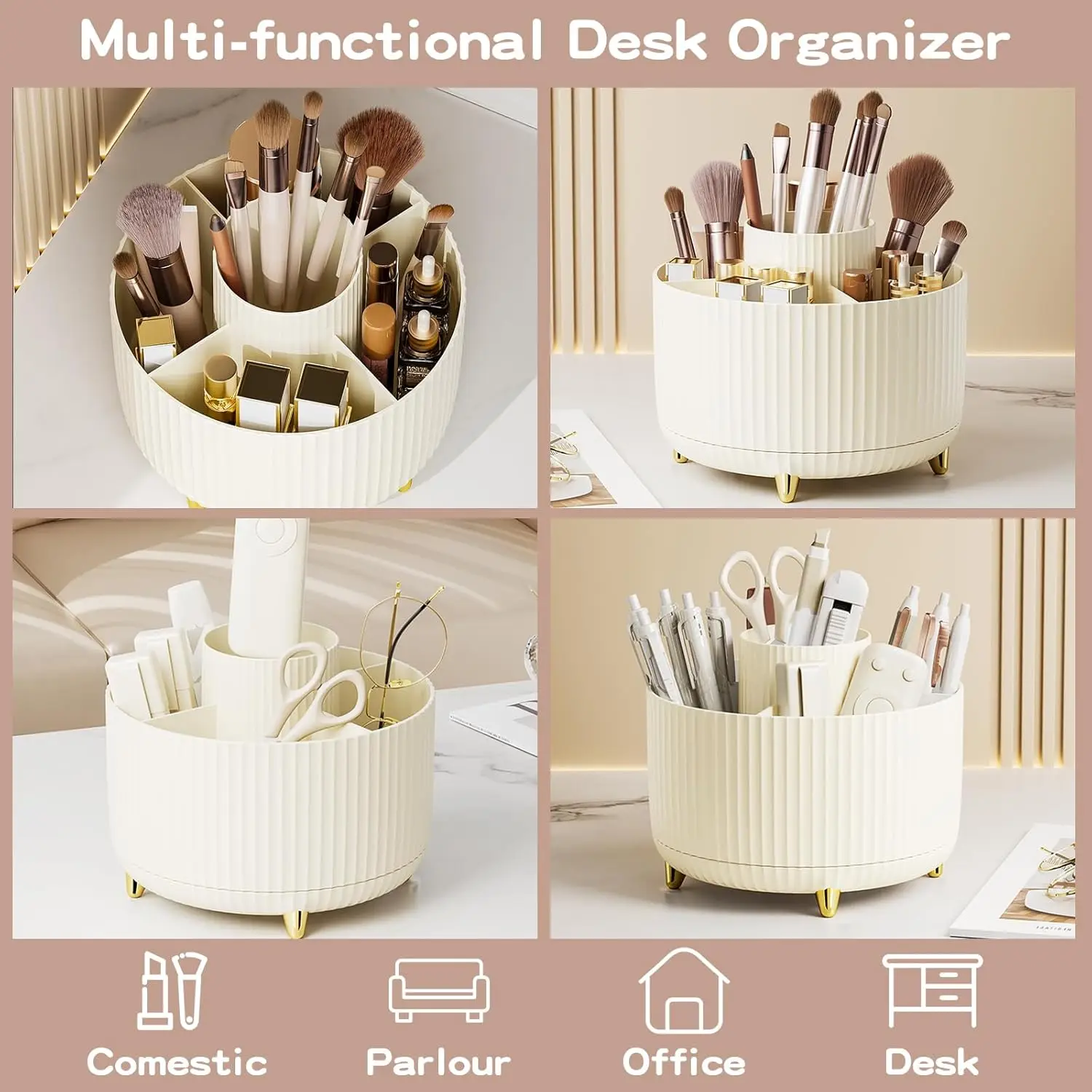 Makeup Brush Organizer 360° Rotating Cosmetic Organizer 5 Slot Makeup Brushes Cup Bathroom Vanity Desktop Storage Holder 4