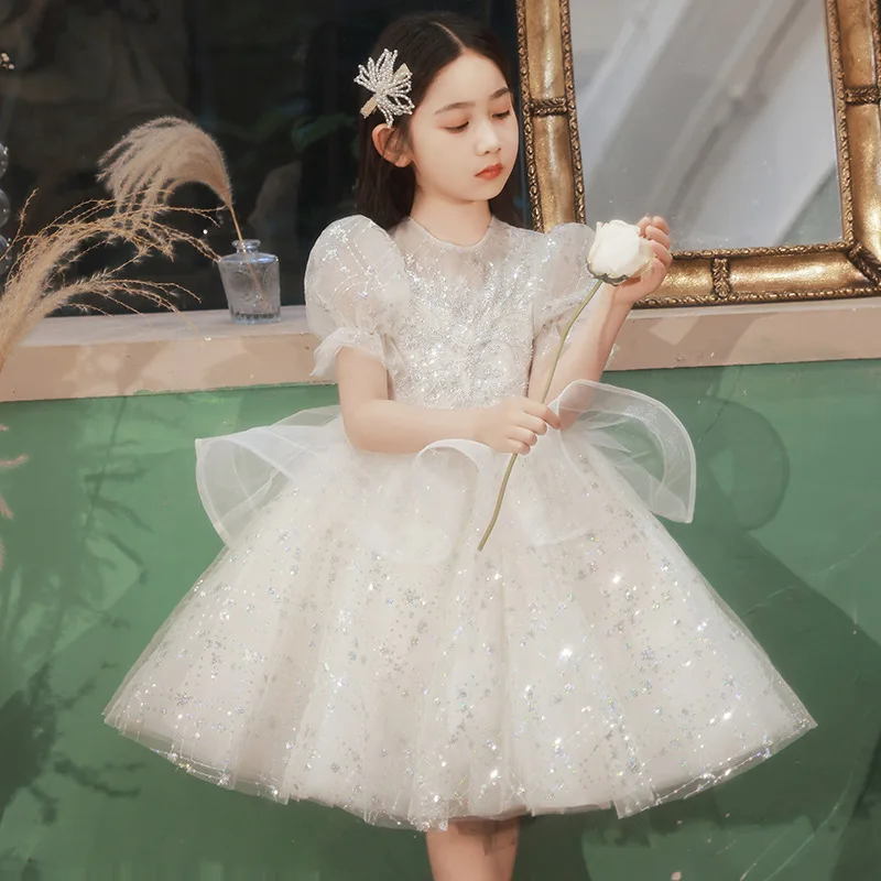 White Girls Dress 2-12year old Kids Dress for Party Wedding flower girl  Dress Sequins Children’s Pageant Gown Baby Girls Dress