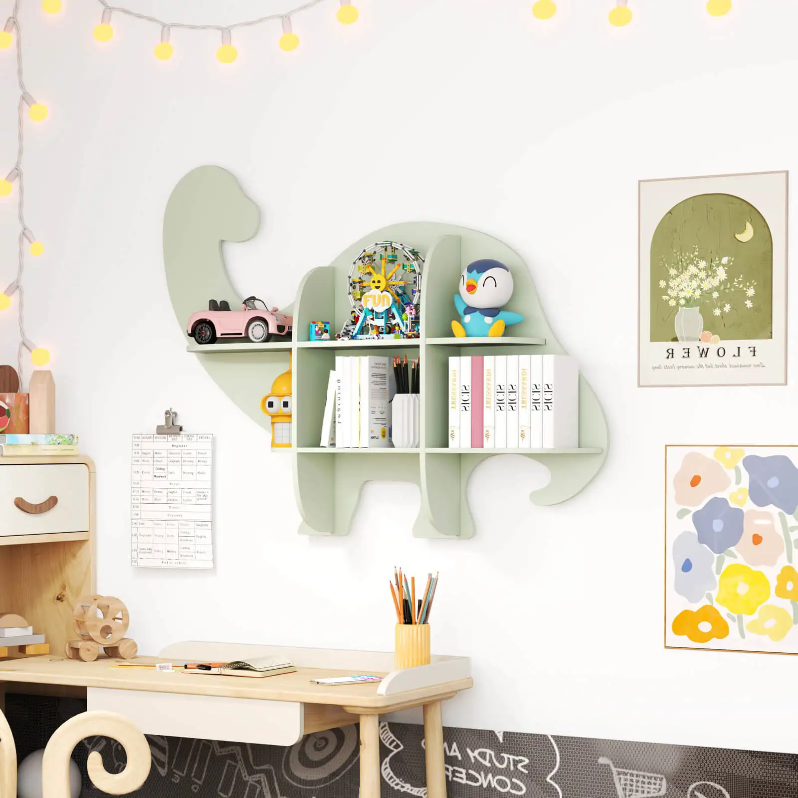 2-Tier Floating Dinosaur Kids Bookshelf Wall-Mounted Nursery Book Shelf 4