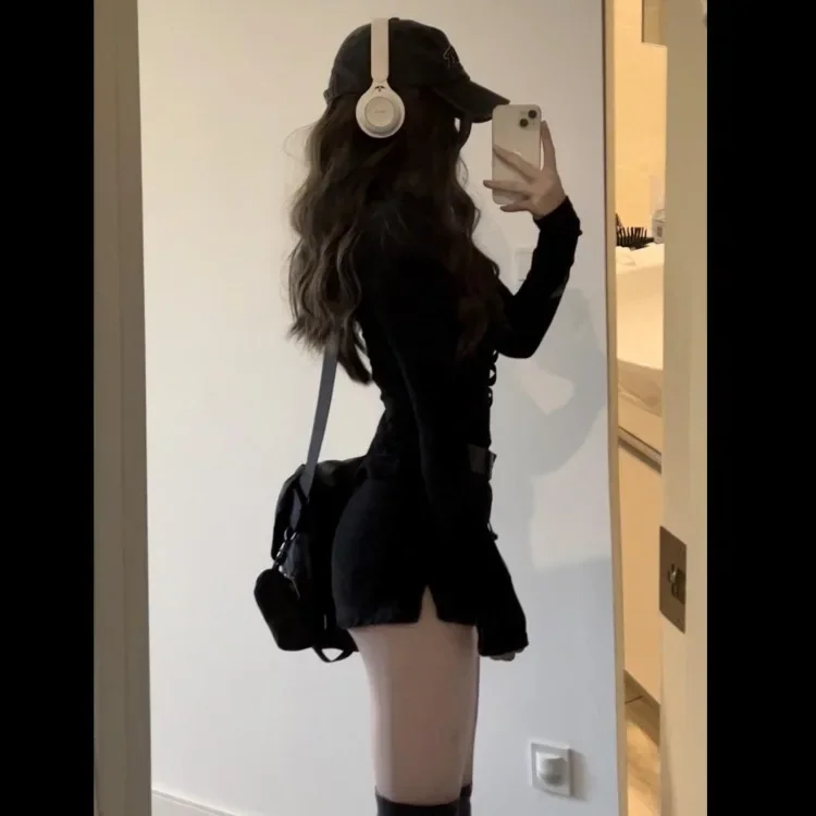 GETADME Sweet Lapel Neck Bow Slim Fit Long Sleeve Tops Women+ Y2k  Waist Bodycon Split Skirts 2025 Spring Autumn New Two Piece Sets