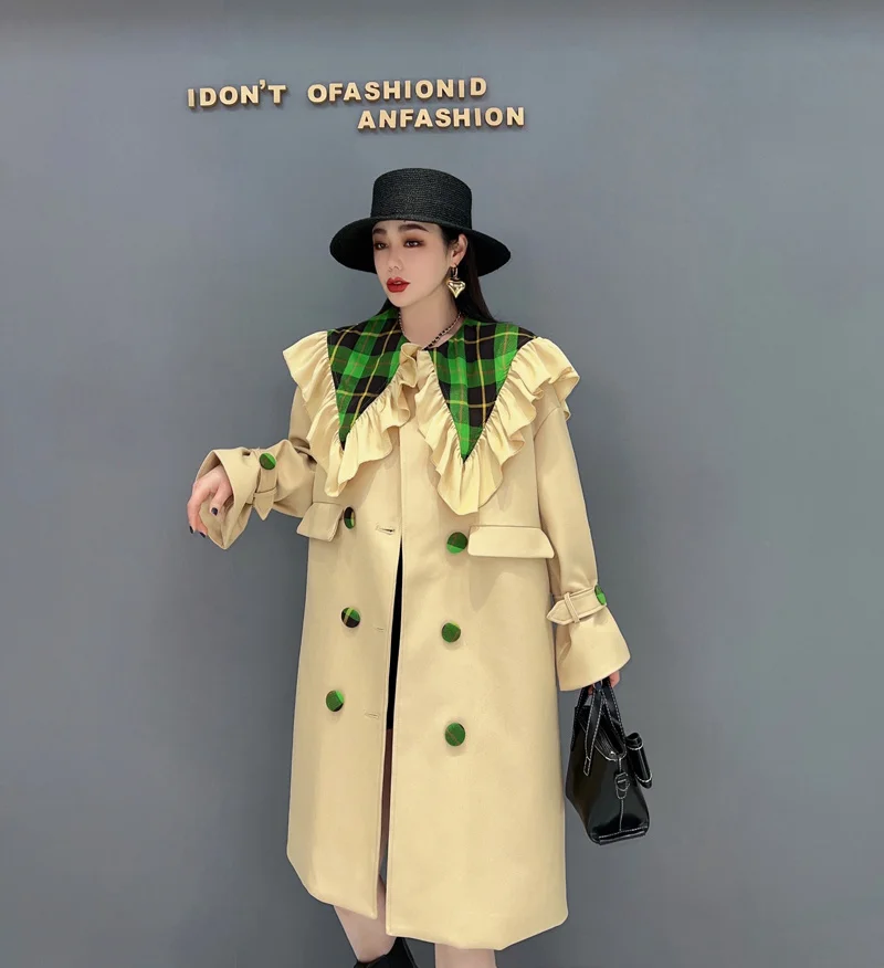 long duvet coat Vefadisa 2022 Spring Autumn The New Large Size Windbreaker Fashion Mid-length Doll Collar Double Breasted Coat Yellow LHX119 long down puffer coat