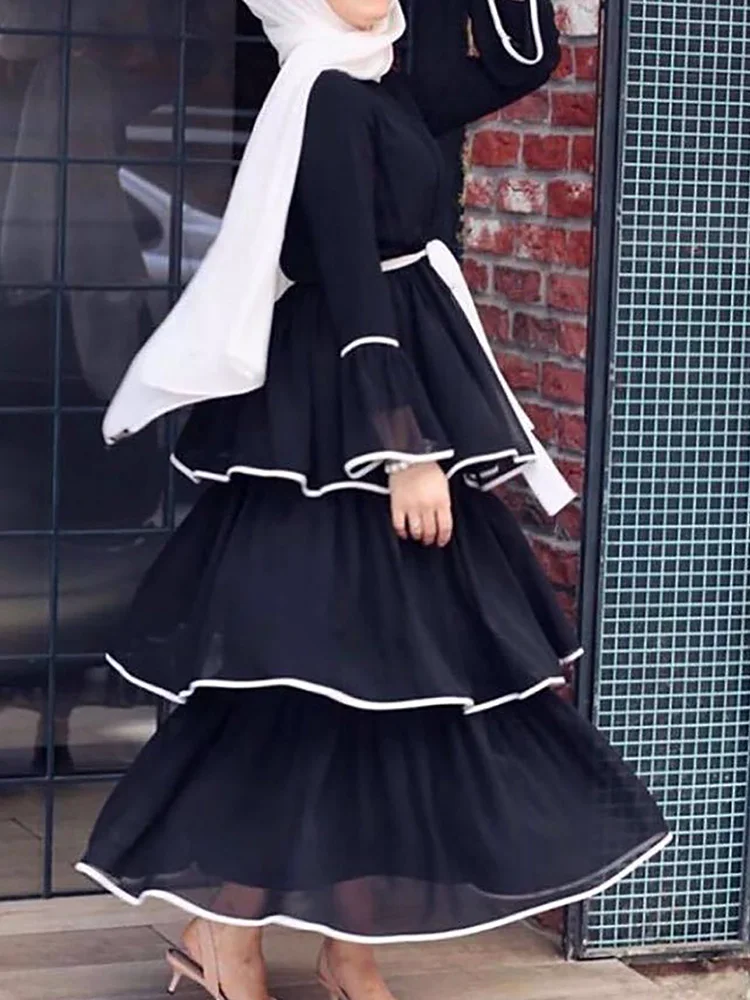 

Abaya Islamic Clothing for Women, Maxi Dress, Long Sleeve, Ruffle, Stitching Caftan, Eid Abaya, Muslim Cake, Dropshipping, 2023