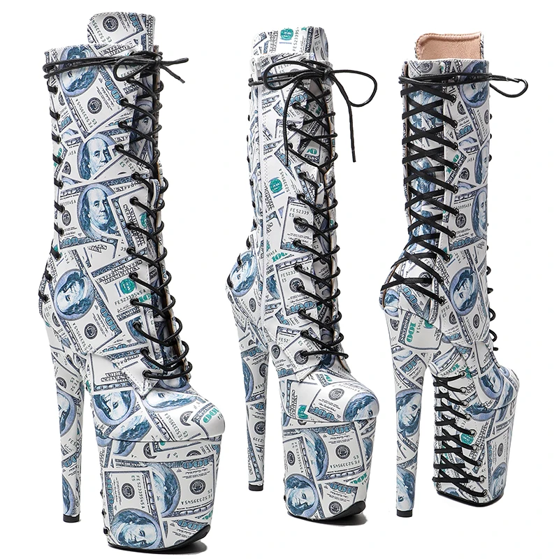 

Leecabe 20CM/8Inch Dollar pattern Plus Size Pole Dancing Lace Up Ankle Boots Thin Heels Sexy Fetish Platform boots Women Shoe 4B