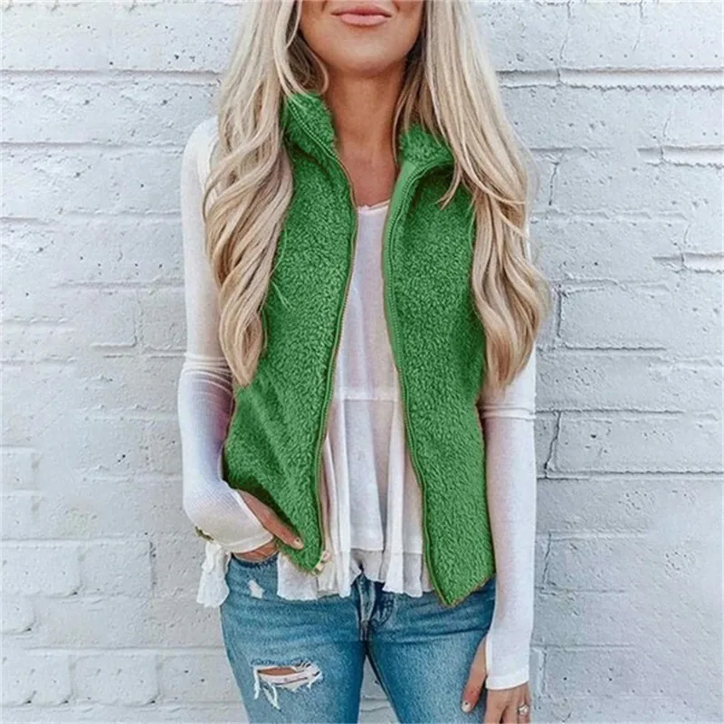 2023 Autumn and Winter Women's Standing Neck Pocket Zipper Solid Loose Plush Vest Fashion Casual Elegant Cardigan Coat Tops