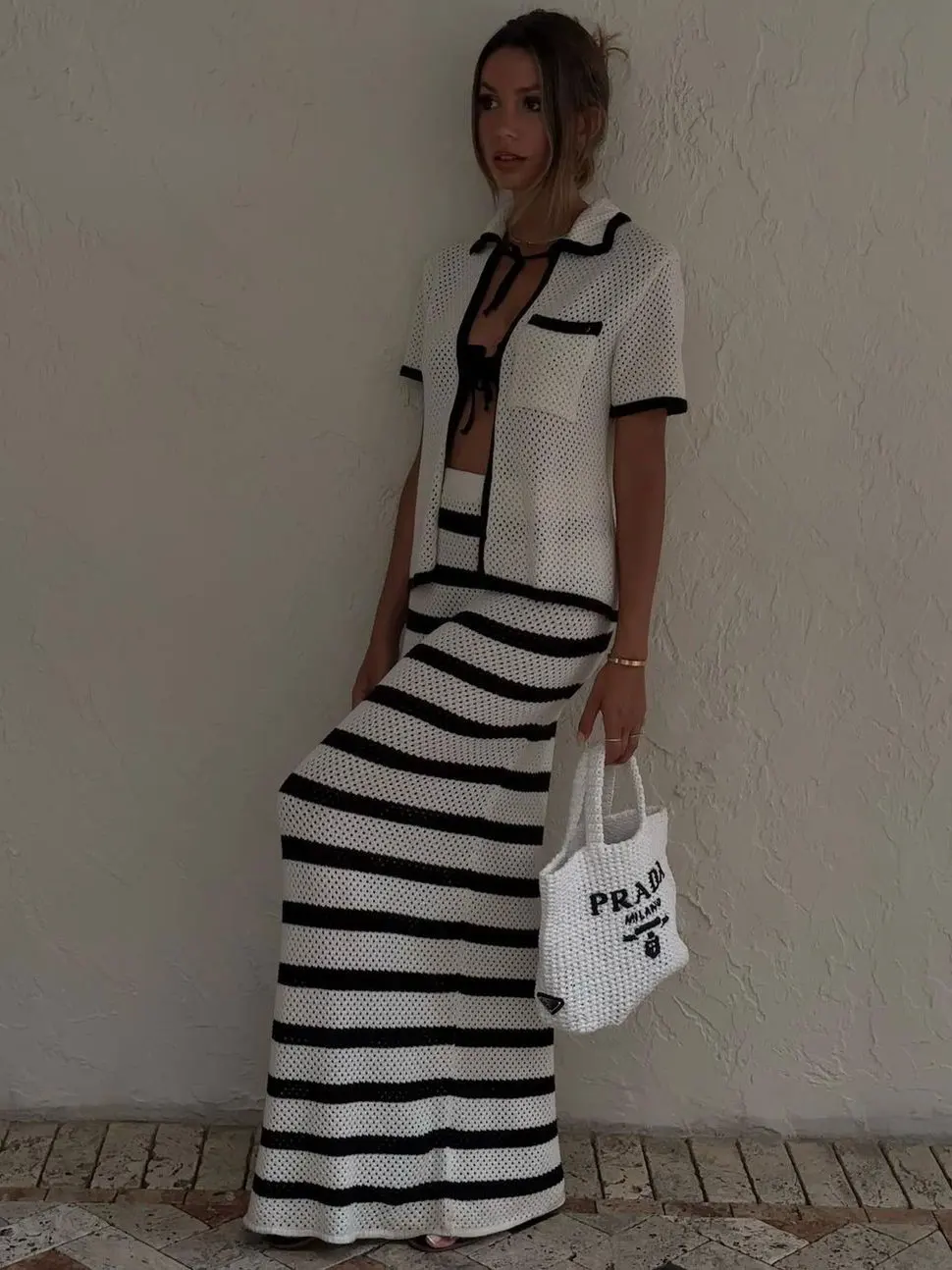 Fashion Contrast Knit 2 Piece-Set Women Lace-Up Short Sleeve Cardigan Top And Long Skirt Sets High Waist Knitwear Outfits