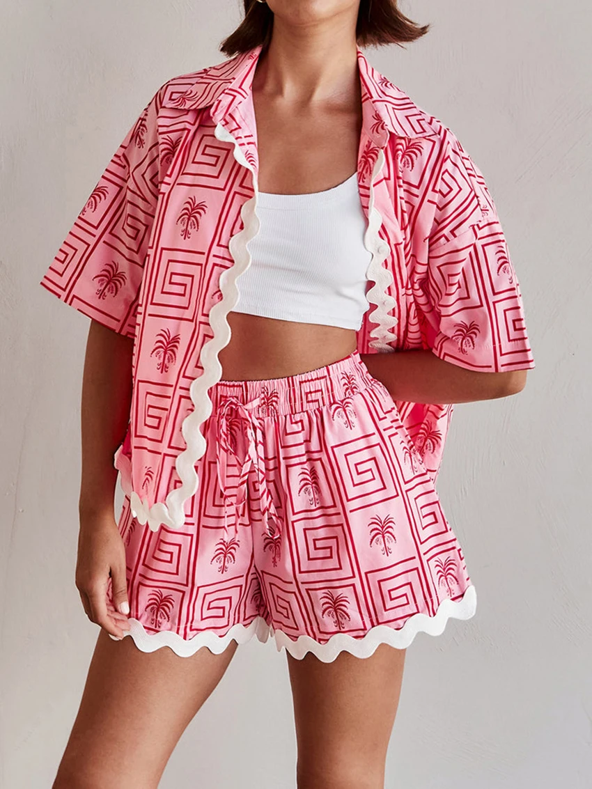 Mathaqiqi Casual Women'S Nightwear Suit Sexy Turn-Down Collar Pajamas Half Sleeve Nightgowns Shorts Printing Summer Home Clothes