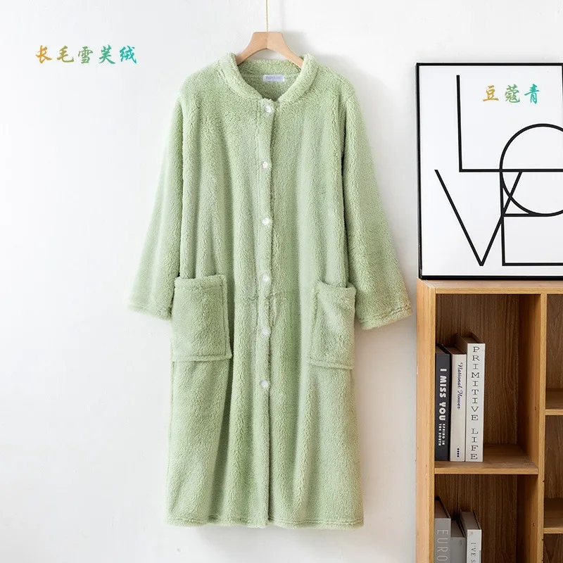 Autumn Winter Thick Bathrobe Women Comfortable Coral Fleece Button Sleepwear Robe Female Dressing Gowns Loose Flannel Robes women sleepwear,cotton bathrobe