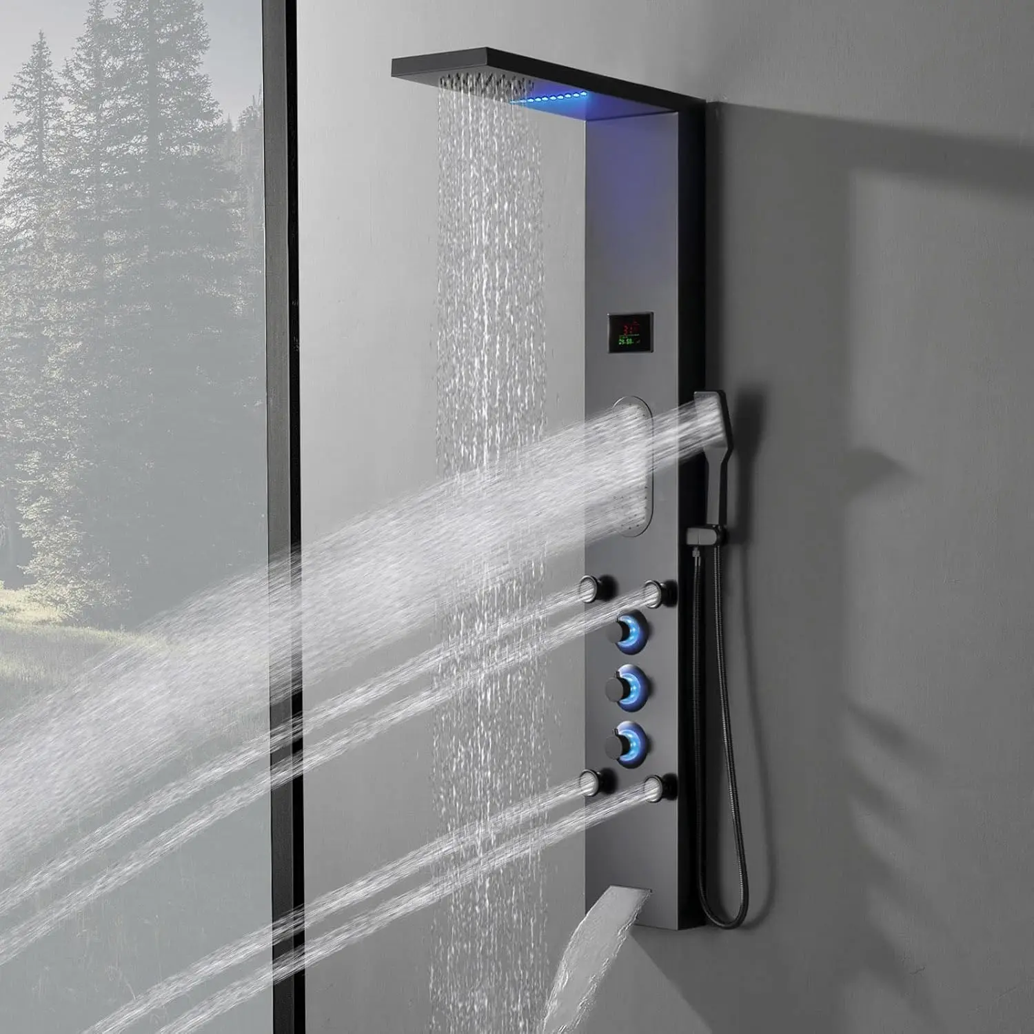 Black Shower Panel Tower System LED Light Shower Tower with Large Area Body Jet Massage Fixtures with LCD Temperature