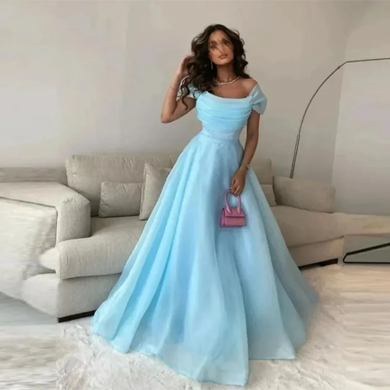 Sky Blue Prom Dressess Organza Strapless Puffy Evening Dress Custom Simple A-line Pleat Saudi Arabia 2023