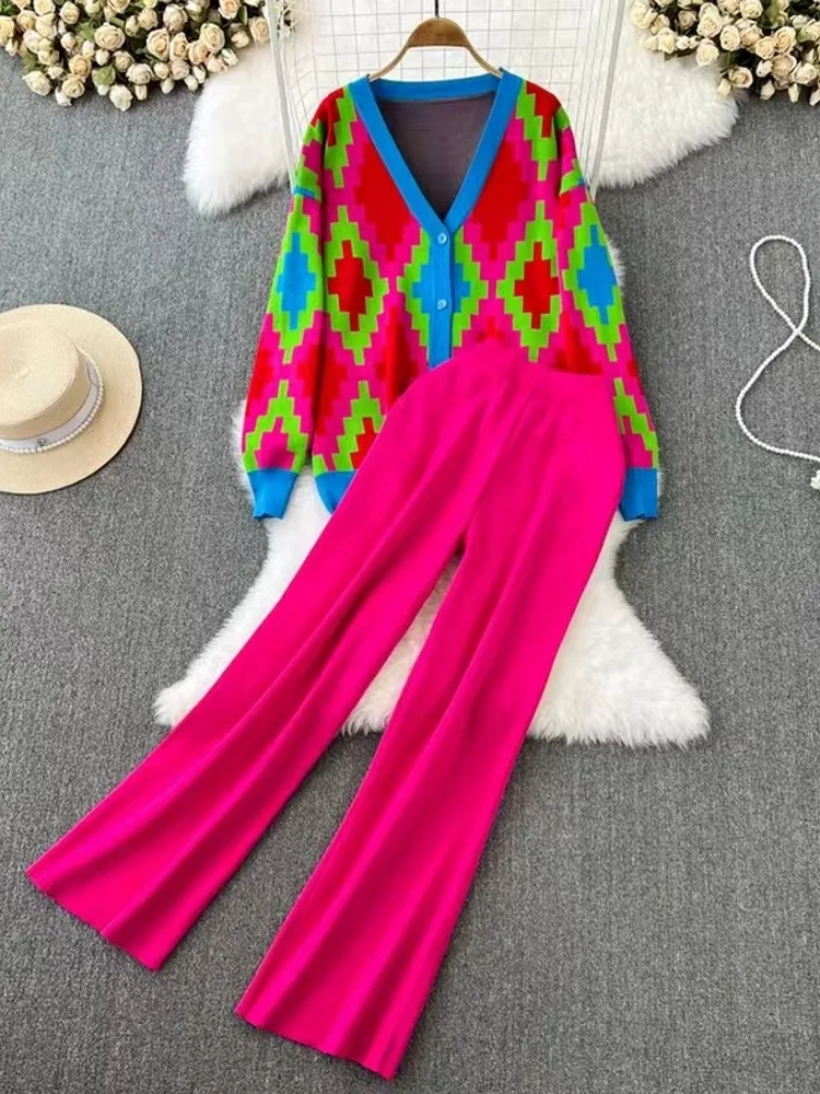

Fall Knitting Set Women's Vintage V-Neck Tracksuits Jacquard Sweater Top + Wide Leg Casual Pants Two Pieces Suit
