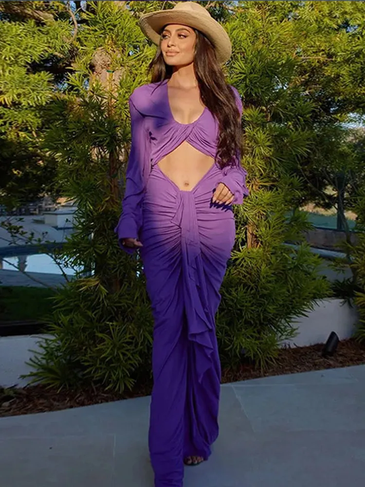 Purple Hollow Out Slim Maxi Dress Women Elegant Deep V Neck Cross Pleated Full Sleeve Long Dresses 2024 Fashion Lady Party Robes 6