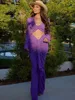 Purple Hollow Out Slim Maxi Dress Women Elegant Deep V Neck Cross Pleated Full Sleeve Long Dresses 2024 Fashion Lady Party Robes 6