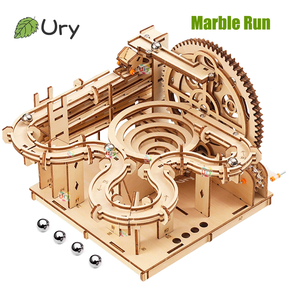 Ury 3D Wooden Puzzles Catapult Track Device Marble Run Set Mechanical Manual Model Science Maze 4 Ball Assembly Toy Gift for Kid