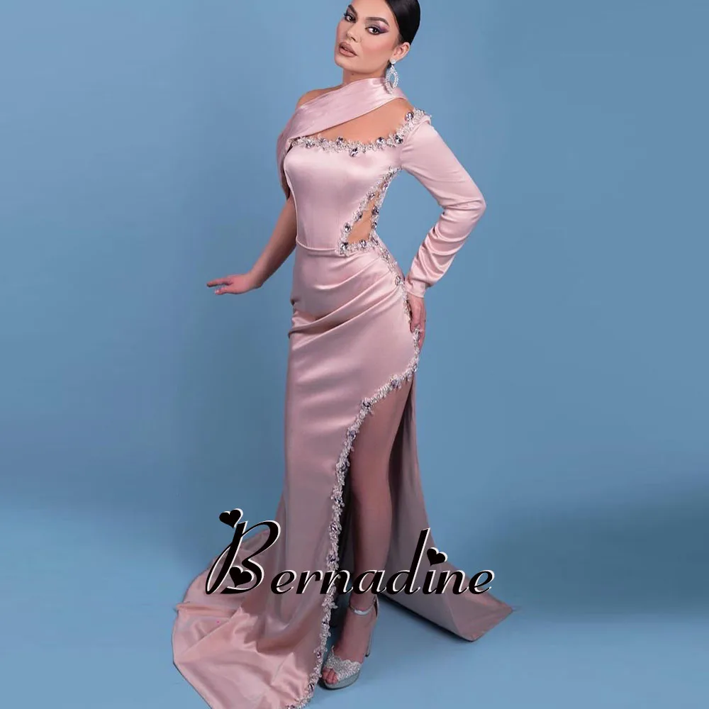 

Атласное Вечернее платье Bernadine, с квадратным вырезом, одним открытым плечом и длинными рукавами, с разрезом