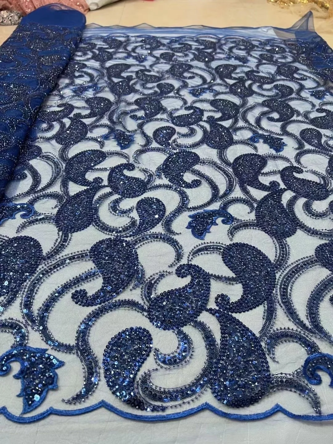 

Navy Blue French Tulle Lace Embroidery African Lace Bead Sequin Fabric High Quality Nigerian Mesh Lace Wedding Party Dresses