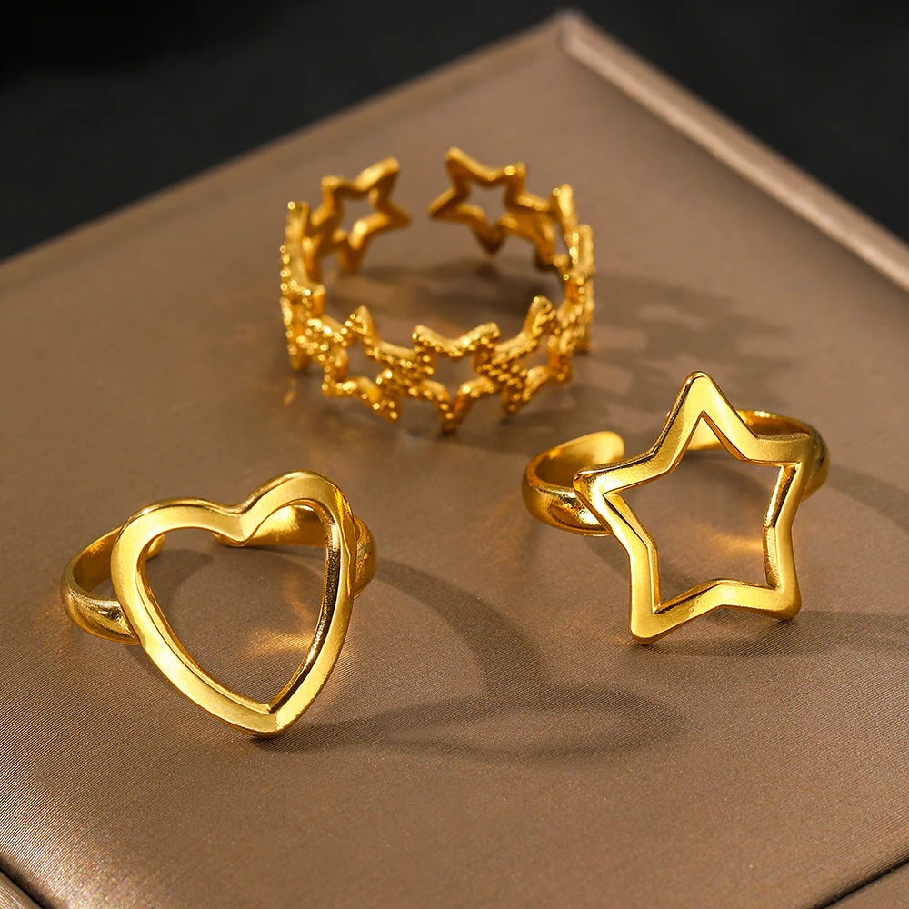 Stainless Steel Rings Love Heart Shiny Star Delicate Pattern Rings For Women Jewelry for Friends Party Gift Adjustable Opening 5