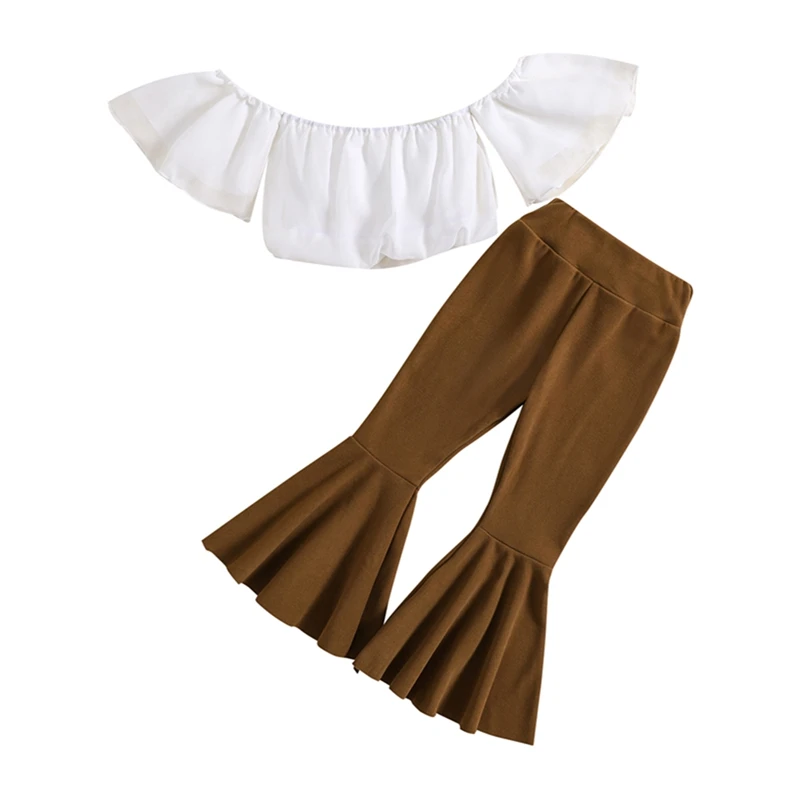 

3-8Y Toddler Kids Girls 2PCS Pants Sets White Short Sleeve Off Shoulder Tops Flared Pants Sets Summer Outfits