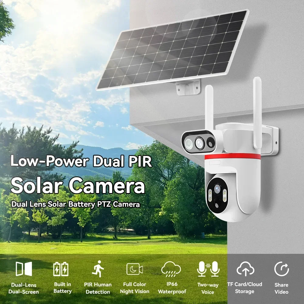 4G LTE Solar Camera, 8MP Ultra HD, 100% Wireless, Dual-Lens PTZ Auto-Tracking Color Night Vision, Dual PIR, IP66, No WiFi Needed