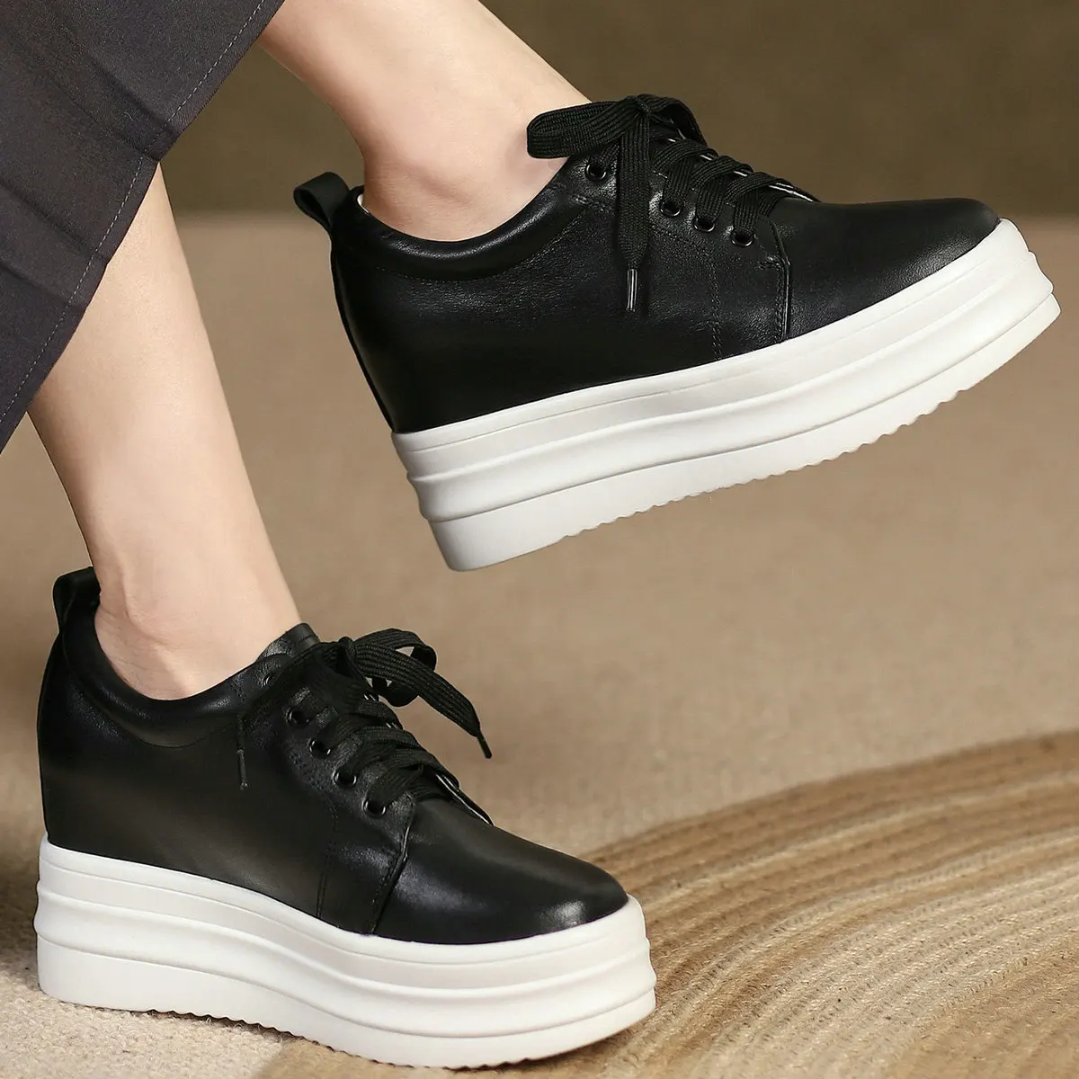 

Platform Pumps Shoes Women Lace Up Genuine Leather Wedges High Heel Ankle Boots Female Round Toe Vulcanized Shoes Casual Shoes