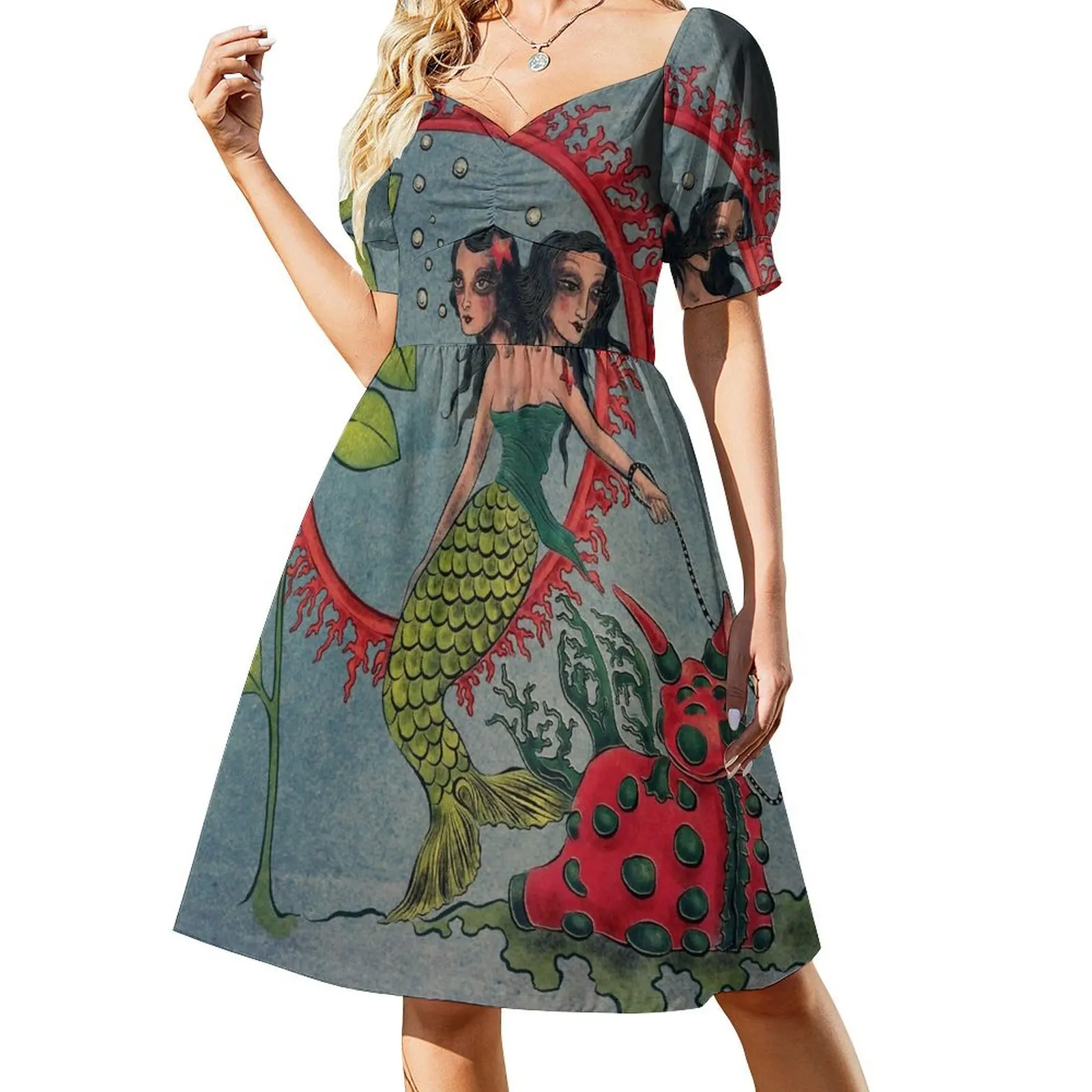 thumbnail image 1 of Marine Pastoral: Vestido de manga corta edición sirena, elegante y chic vestido de noche, vestidos de novia para fiestas, vestido, 1 of 7