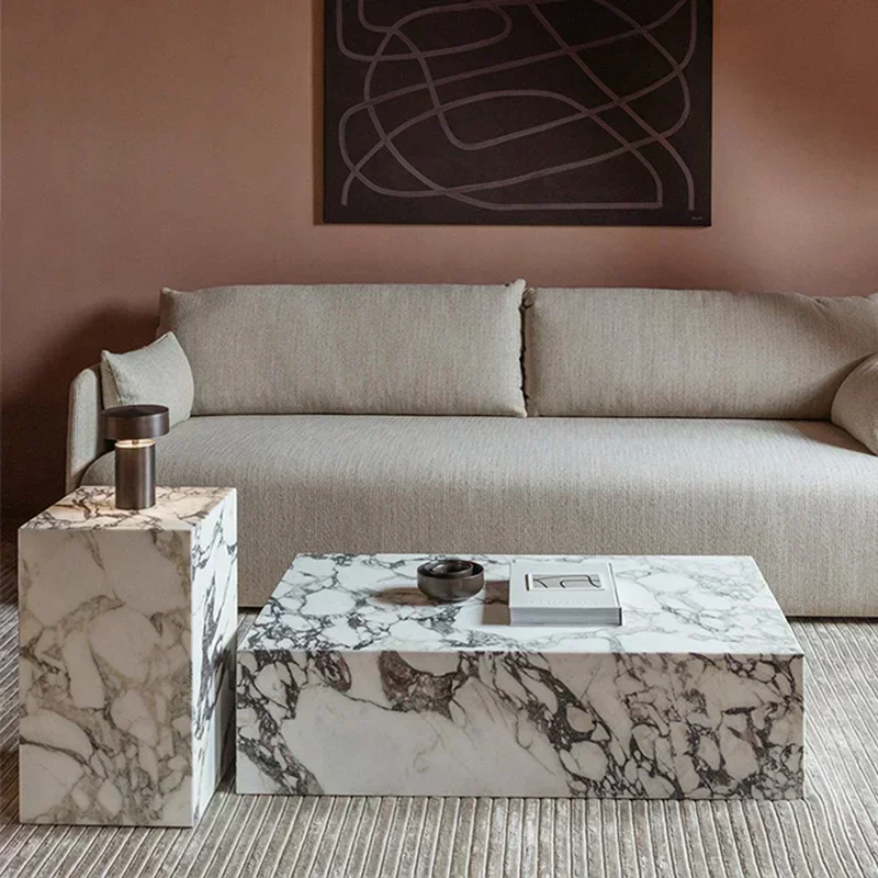 Nordic Living Room Modern Luxury Center Coffee Table Set Marble Stone Rectangle Marble Plinth Coffee Table