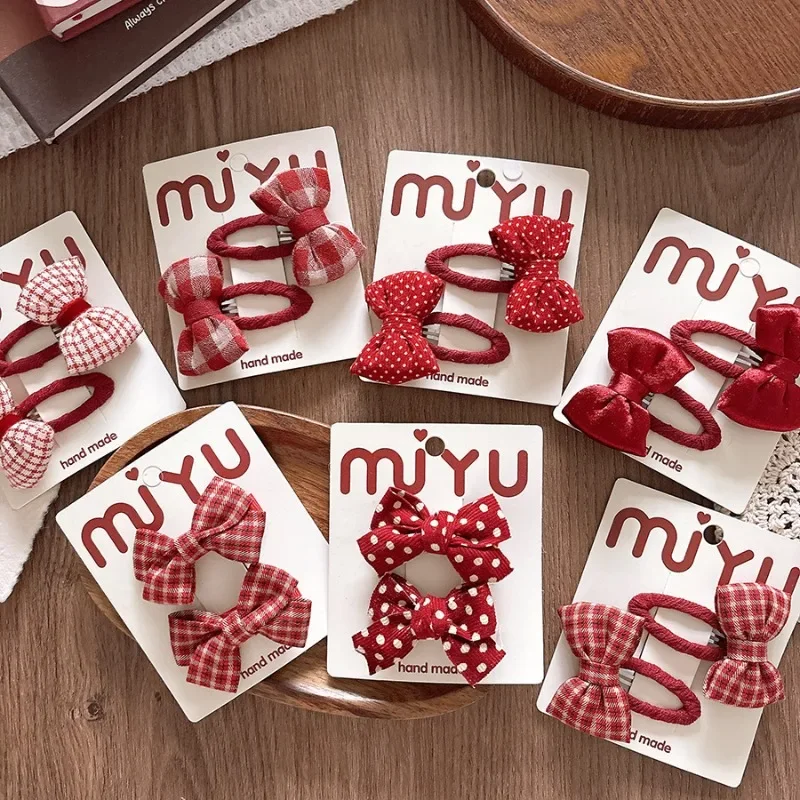 2Pcs/set Baby Red Korean Fashion Kids Girls Hair Clips Dot Plaid Bow Barrettes for Children Hedawear Hair Christmas Accessories