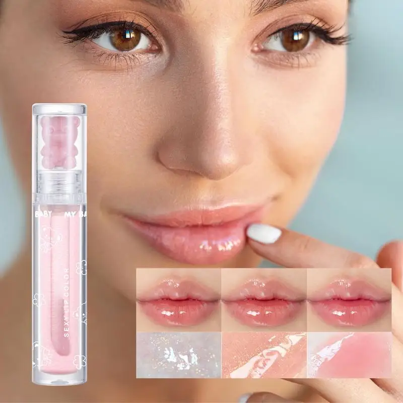 

Lip Gloss Glitter 3PCS Bear Lip Gloss With Fine Shimmering Pearlescent Nude Long Wear Lip Gloss Hydrating Liquid Lipsticks Plump