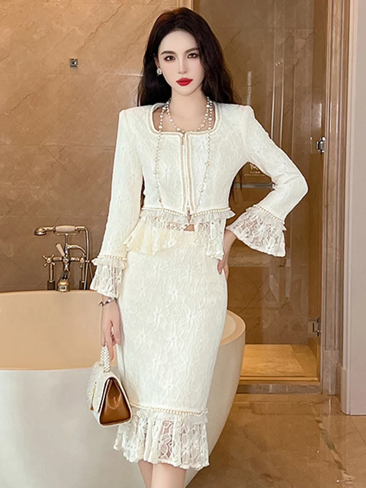 Beige Lace Two Piece Set With Sheer Long Sleeve Top And Tiered Maxi Skirt For Elegant Everyday Wear