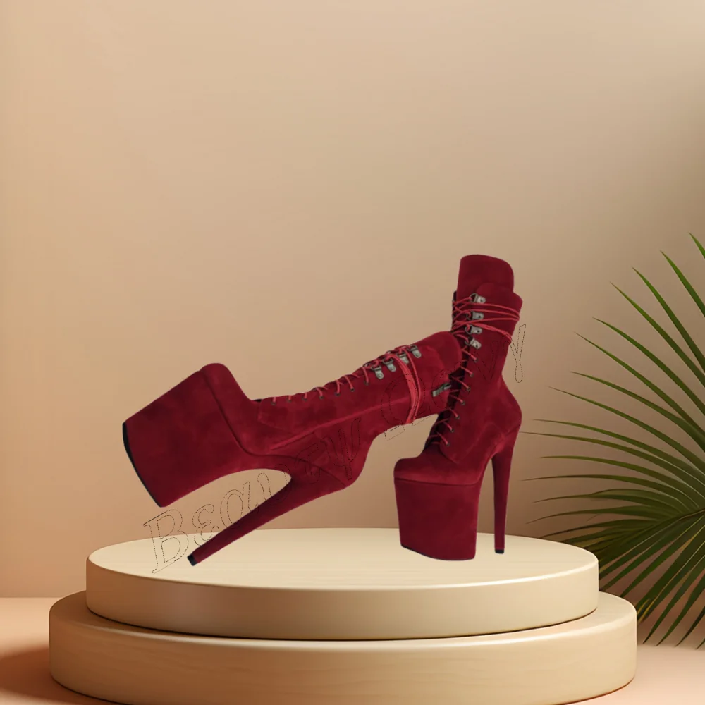 

Red Spike Heel Suede Boots Solid Platform Spike High Heel Shoes for Women Round Toe High Heels 2023 New Zapatos Para Mujere