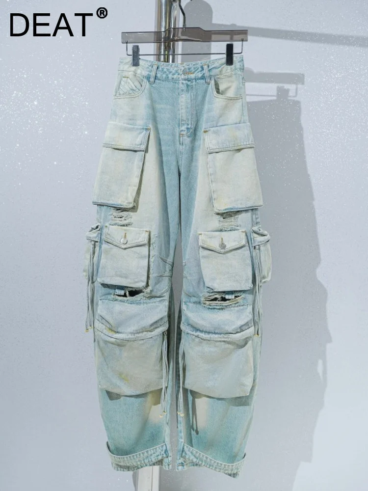 

Fashion Vintage Multi Pocket Cargo Jeans Women High Waist Hole Streetwear Wide Leg Denim Pants 2023 Spring Female 11XX0809