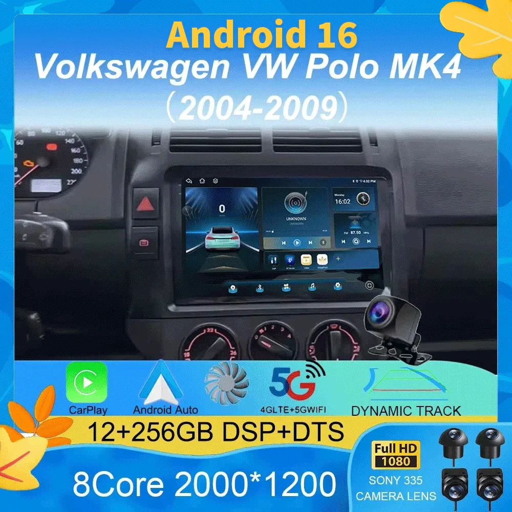 Radio para Auto Android 16 con Reproductor Multimedia de Video, GPS, Carplay y Pantalla QLED Estéreo para Volkswagen VW Polo MK4 6Q 9N 9N3 2004-2009
