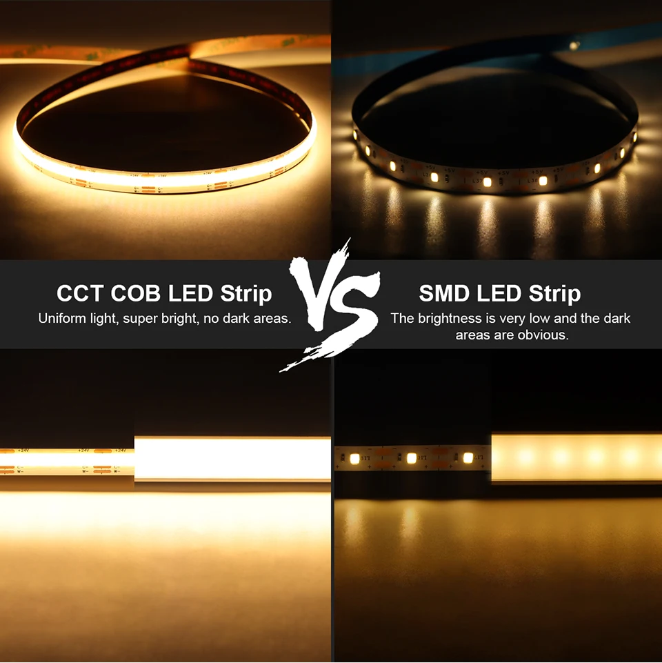 Description Picture 6 of item3PIN DC12V 24V CCT COB LED Strip Light 608LEDs/M High Lumen Dimmable LED Tape Bar Lamp For Kitchen Cabinet Bedroom Studyroom