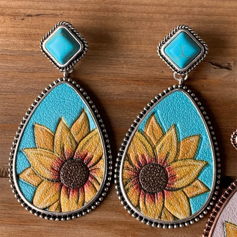 

Ethnic Sunflower Pattern Earrings Boho Vintage Tribal Metal Carved Lace Drop Earrings