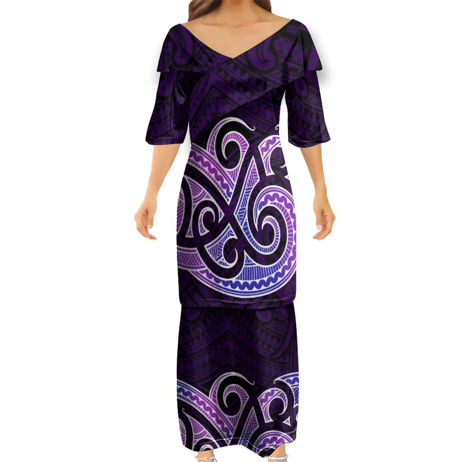 

Women'S V-Neck Dress Polynesian Tribe Design Puletasi Two-Piece Samoan Dress Plus Size 7xl Free Shipping