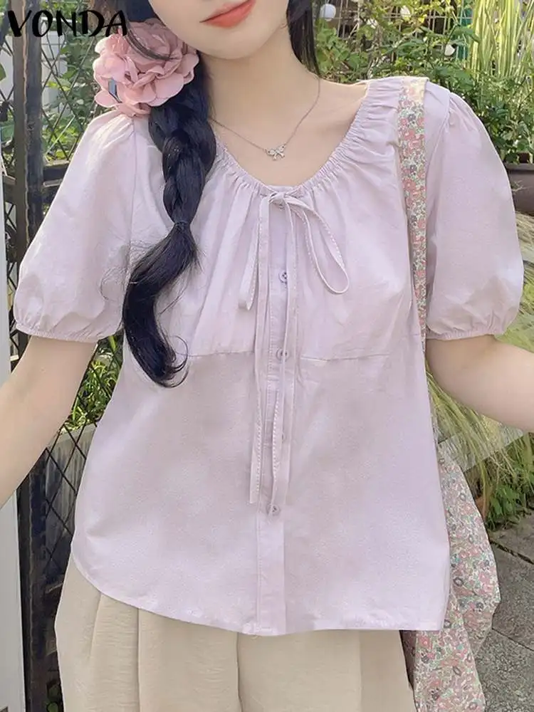 

Женская элегантная однотонная блузка VONDA 2024, летняя модная богемная короткая блузка Рубашки с буфами на рукавах Femme, Повседневная Свободная пляжная блузка