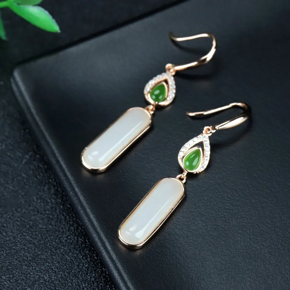 

Natural White Jade Long Dangle Earrings 925 Sterling Silver Genuine Hetian Jades Nephrite Zircon Jasper Rose Gold Earring Women