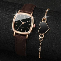 2PCS/Set Fashion Square Women Watch Leather Band Quartz Watches Heart Bracelet Set - Image 2