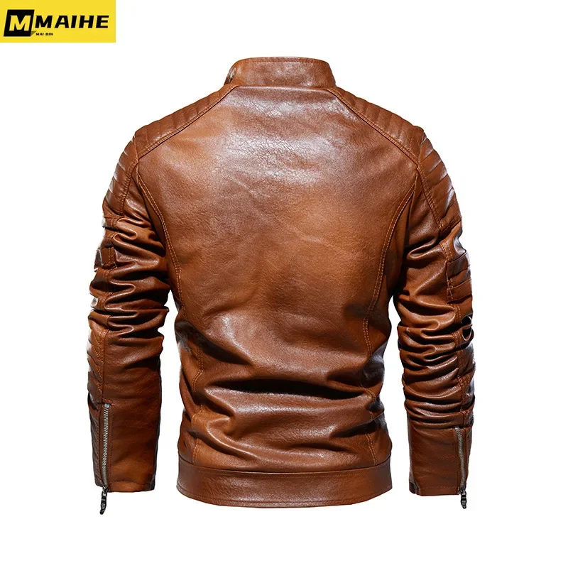 Retro Winter Warm Fleece PU Leather Jacket Men Retro Tactical  Mens PU Jacket Male Coats Motorcycle Hip Hop Biker Outerwears