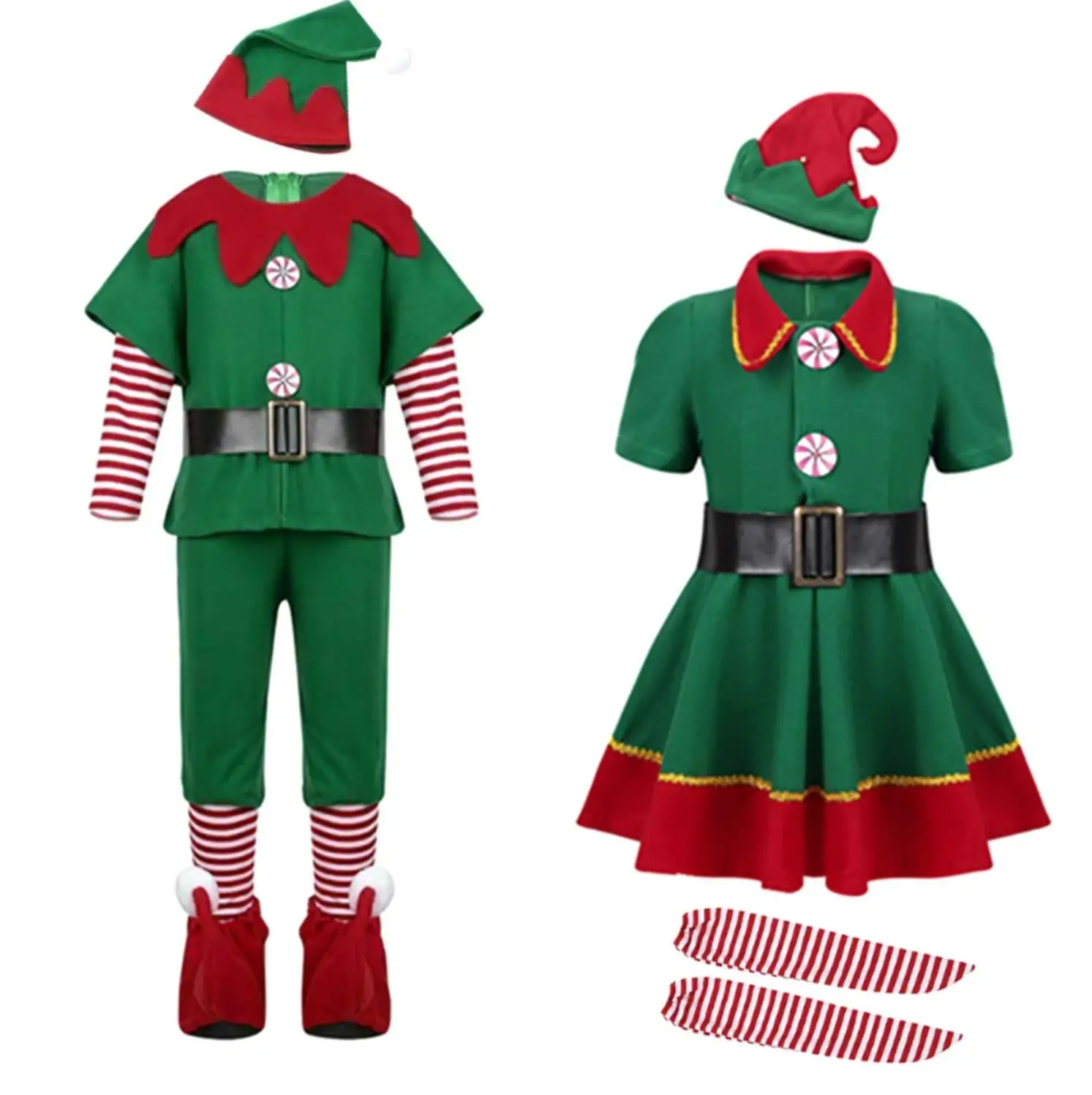 

2024 Christmas New Adult Child Family Christmas Clothes Santa Claus New Year Role Play Clothes Boys and Girls Green Elf Dress