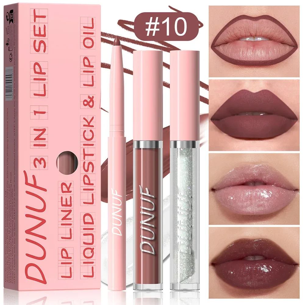 thumbnail image 1 of DUNUF 3 In 1 Matte Lipglaze Lip Liner Moisturize Clear Lip Oil Set Cosmetics Waterproof Long lasting Plumer Mirror Lips Gloss, 1 of 5