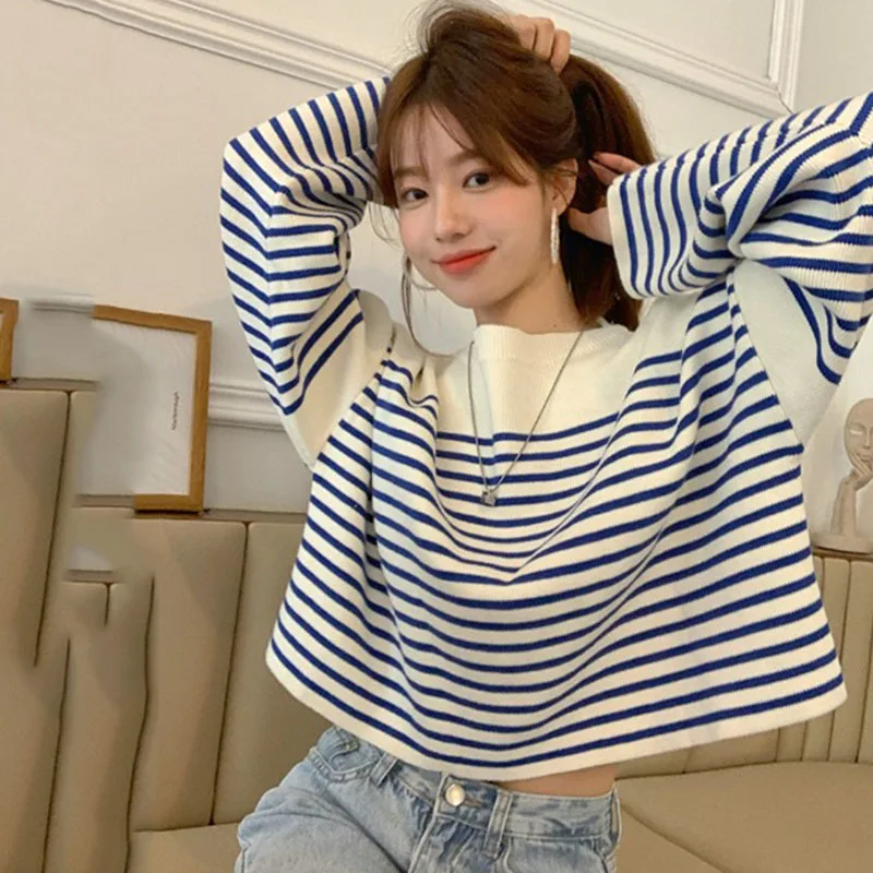 

Blue Striped Stitching Sweater Women's Spring and Autumn 2022 New Loose Knitted Round Neck Long-sleeved Pullover Top Female