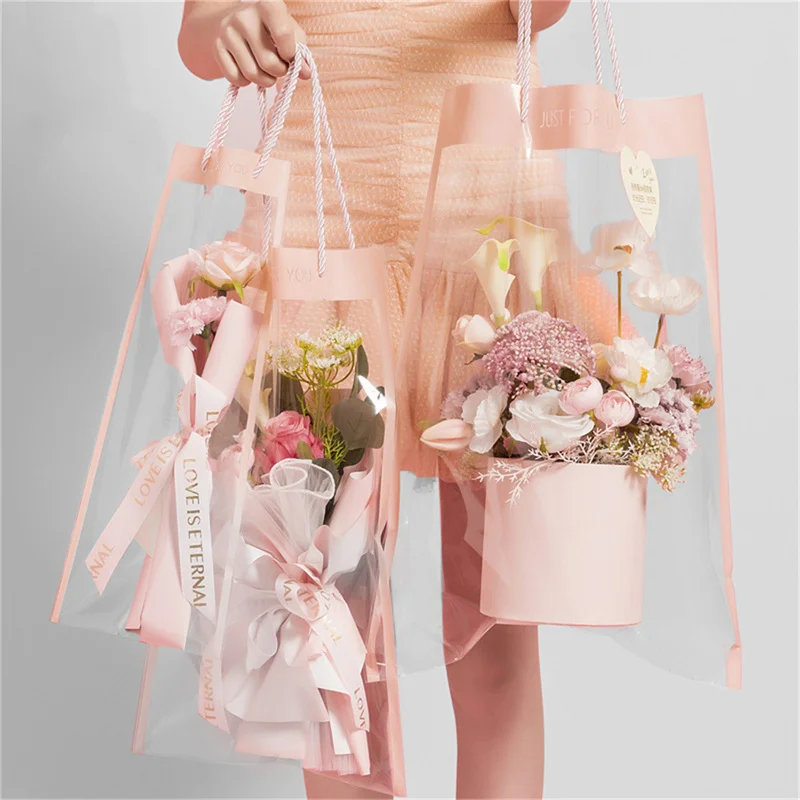 10Pc White/Pink PVC Flower Packing Bag Transparent Tote Flower Bouquet Birthday Party Gift Bag Florist Wrapping Handbag