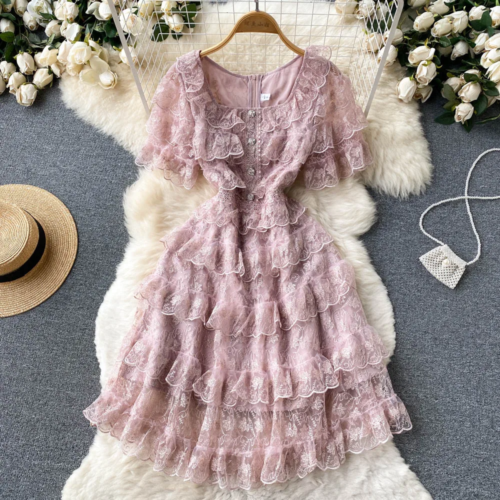 

Small summer women retro heavy industry embroidery Ruffle slim short mesh Dresses