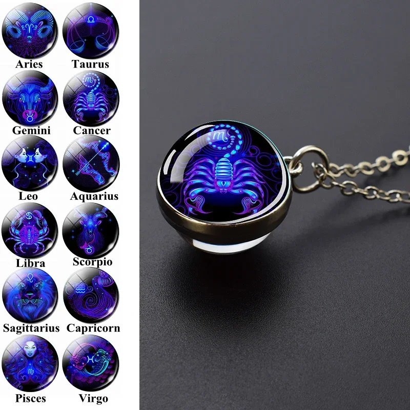 

12 Zodiac Signs Pendant Necklace Double Side Glass Ball Necklace Men Women Fashion Constellation Jewelry Birthday Gift