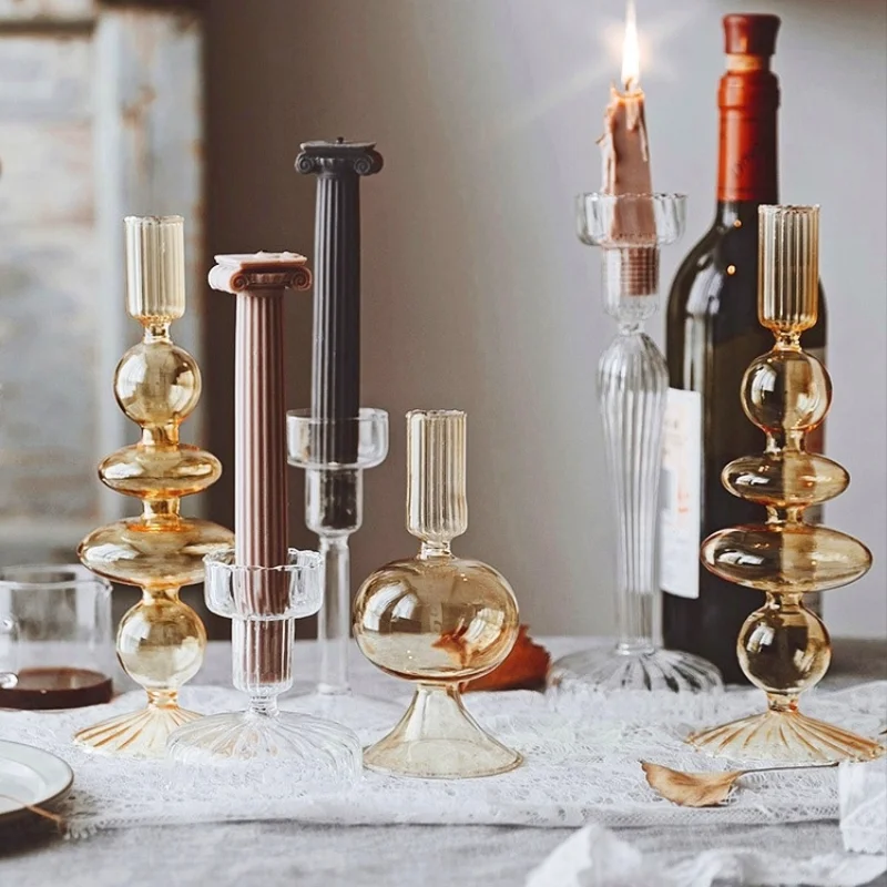 Candle Holders Vintage Glass French Style Candlestick Crystal Glass Candle Holders Simple Wedding Romantic Candlelight Dinner Home Decoration