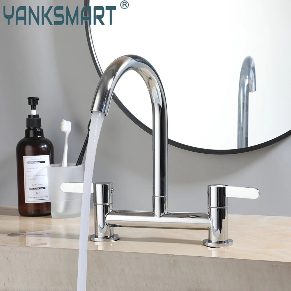 YANKSMART Luxury Bathroom Faucet Chrome Polished Basin Faucet Deck Mounted 2 Handles & Holes Torneira Sink Mixer Water Tap
